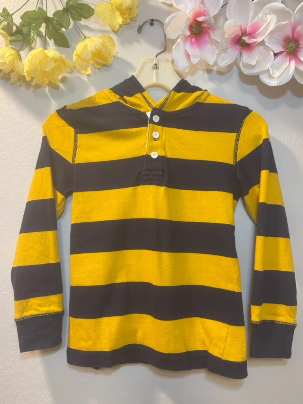 Gymboree Yellow and Black Striped Hooded Henley Long-Sleeve Tee - Picture 1 of 11